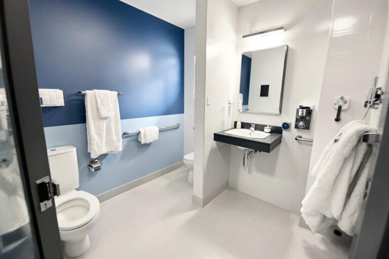 Aménagement salle de bains handicapés : douche, lavabo, toilettes
